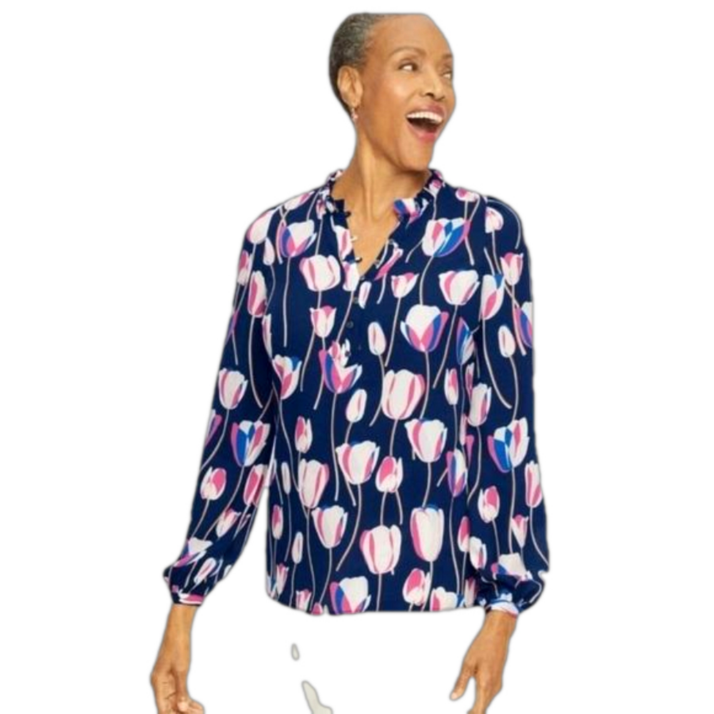 Talbots Ruffle Trim Neckline Navy /Blue Tulips blouse SZ 2X NWT
